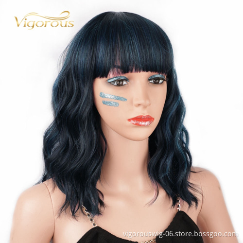 Hot Selling Water Wave With Bang Bob Mixed Blue Black Manufacturers High Quality Cheap Heat Resistant Synthetic Wigs